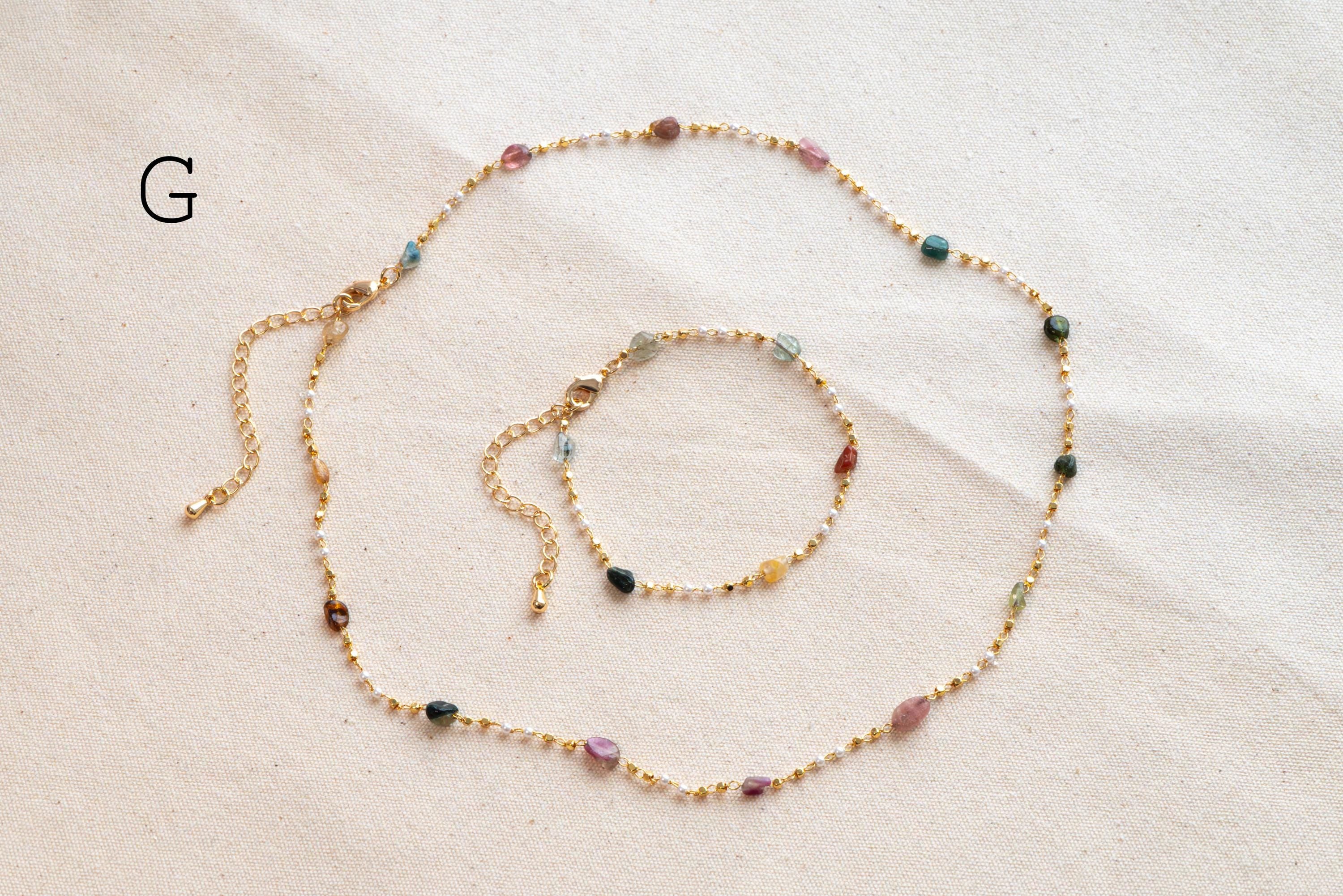 Natural Gemstone faux Pearl Chain Bracelet Necklace Anklet, Gold Beaded Jewelry, Minimalist Layering Chain, Jewelry Supplies (#LK-625)